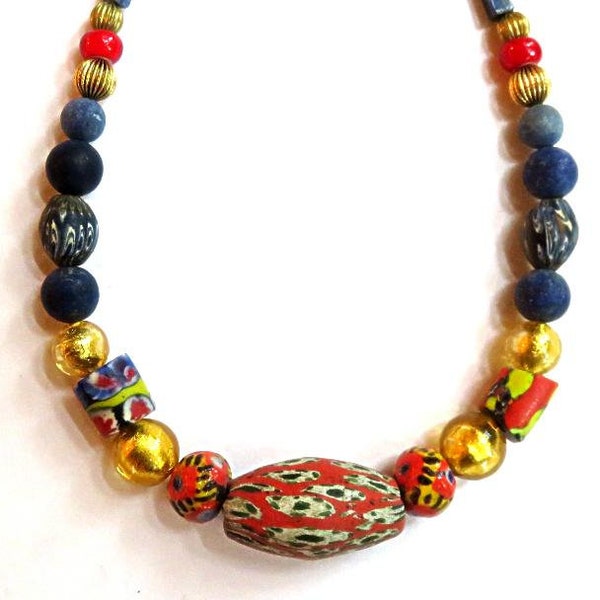 2 AFRICAN TRADE BEADS,antique Venetian millefioris,17 1/2" necklace,3 Jatim beads,2 Kiffa Mauritanias,Venetian foil glass,navy,gold,red,blue