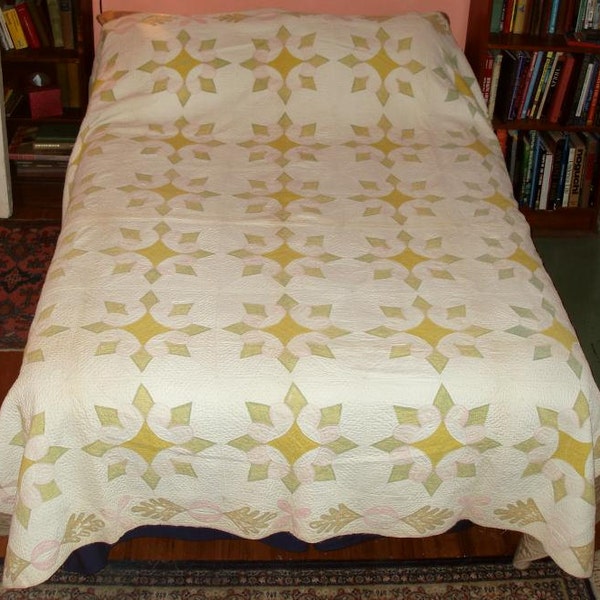 ANTIQUE TRAPUNTO QUILT, 94"x80" hand sewn,1860's to 1870's,queen,double,pink,tan,warm ivory,soft green,mustard,light olive,flowers,leaves
