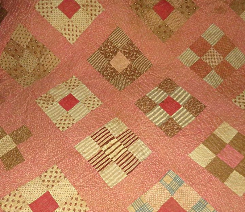 ANTIQUE PIECED QUILT 79x67,beige,peach,pink,brown,tan,coffee,vg condition,cotton,handsewn,9-square pattern,,polka dots,tiny flowers,stripes