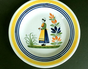 HENRIOT QUIMPER PLATE, France, vintage ceramic 9 1/2" plate,Breton woman in her garden,faience,use,display,vg condition,rustic hand painted