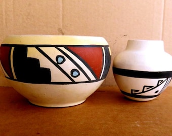 SOUTHWEST POTTERY,bowl,vase.handmade,hand painted,Native American or influenced,maybe Acoma,clay,rust,black,blue,sky,sand,folk art