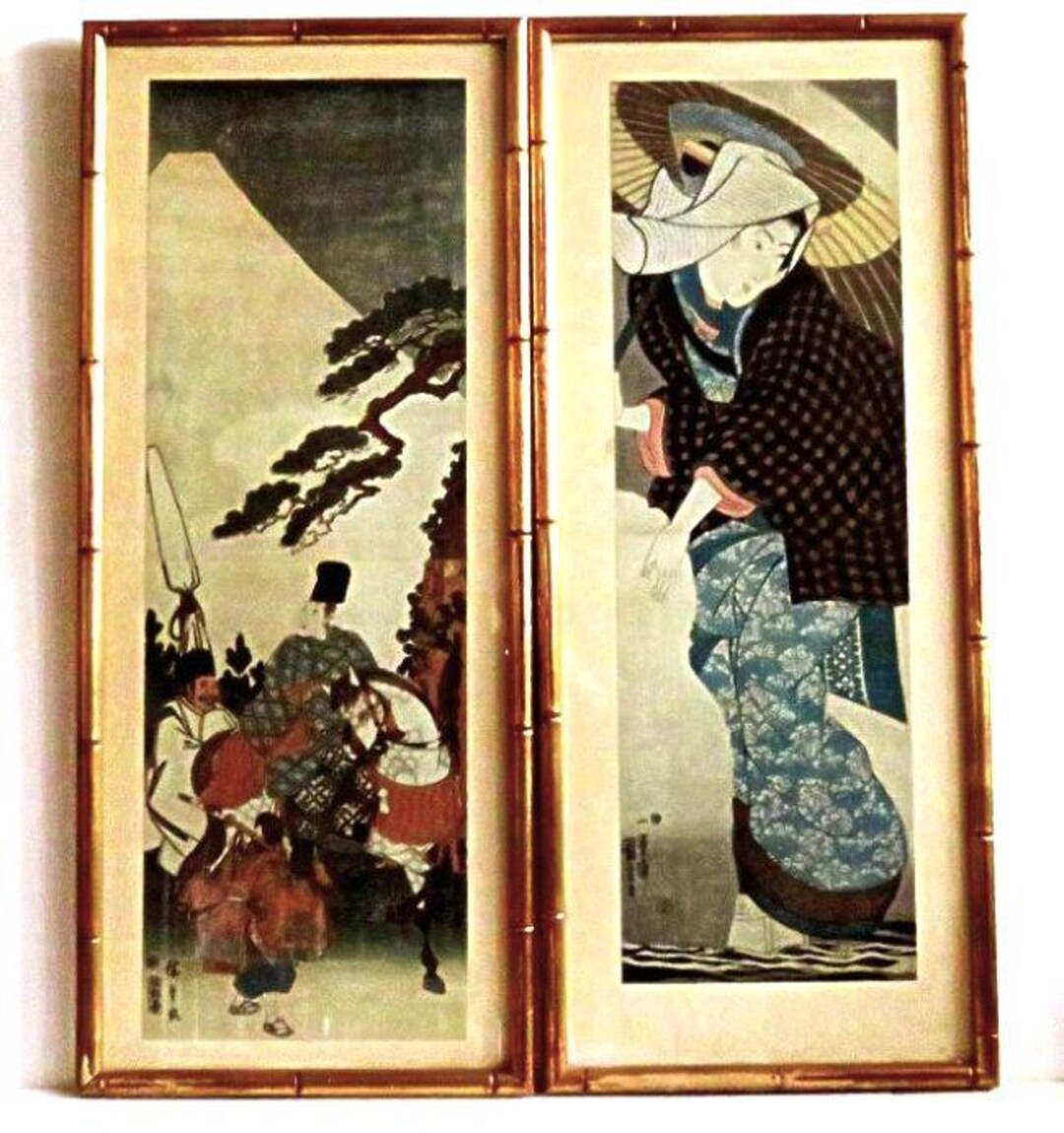 絵画2枚　年代物　希少 2 Big FRAMED JAPANESE Prints,each 31x13,vintage Copies of