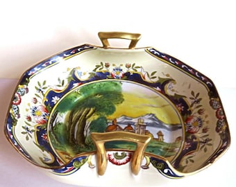 ANTIQUE NORITAKE MORIMORA hand painted bowl,gold handles,1920's,Japan,Italian landscape,French Sevres,Gien influenced decoration,blue,green