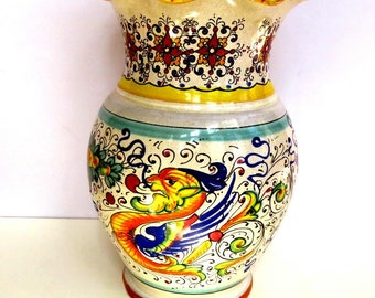 Big DERUTA RAFFAELLESCO VASE,9 1/2" high,hand painted,Italy,majolica,dragons,flowers,highly decorated,fluted top,blue,marigold,tan,white