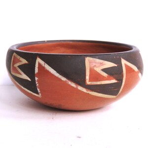 May include: A terracotta-colored ceramic bowl with a dark brown rim and geometric designs. The bowl features alternating red, white, and black triangular patterns around the exterior. The interior of the bowl is a lighter terracotta color.