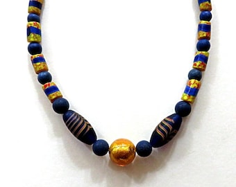 8 ANTIQUE AFRICAN TRADE Beads,Venetian millefioris,Lapis Lazuli,17 1/4" necklace,Murano foil  glass,Indonesia beads,gold,blue,red,moss,navy