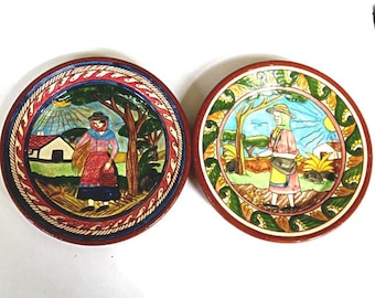 2 HAND PAINTED 8" Plates,vintage REDWARE Portugal,Italy,Spain,folk art ,incised pottery,hand painted,use,gift,2 women,Sao Pedro do Corval