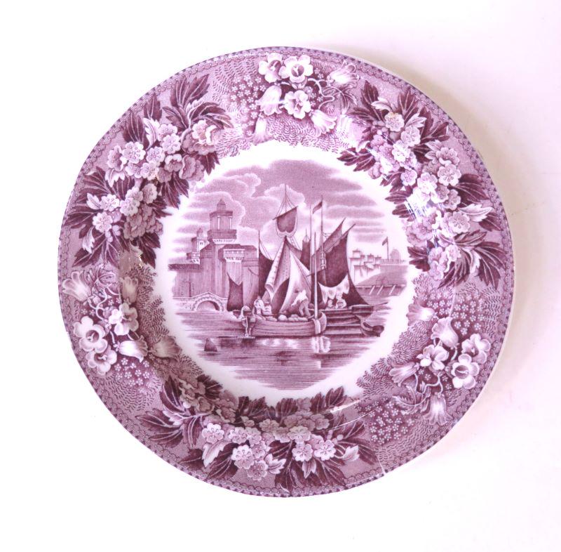 WEDGWOOD FERRARA ETRURIA 1850's, Antique plum lavender ceramic 6 1/8" plate,salad,dessert,bread,stamped,boats,flowers,early transferware