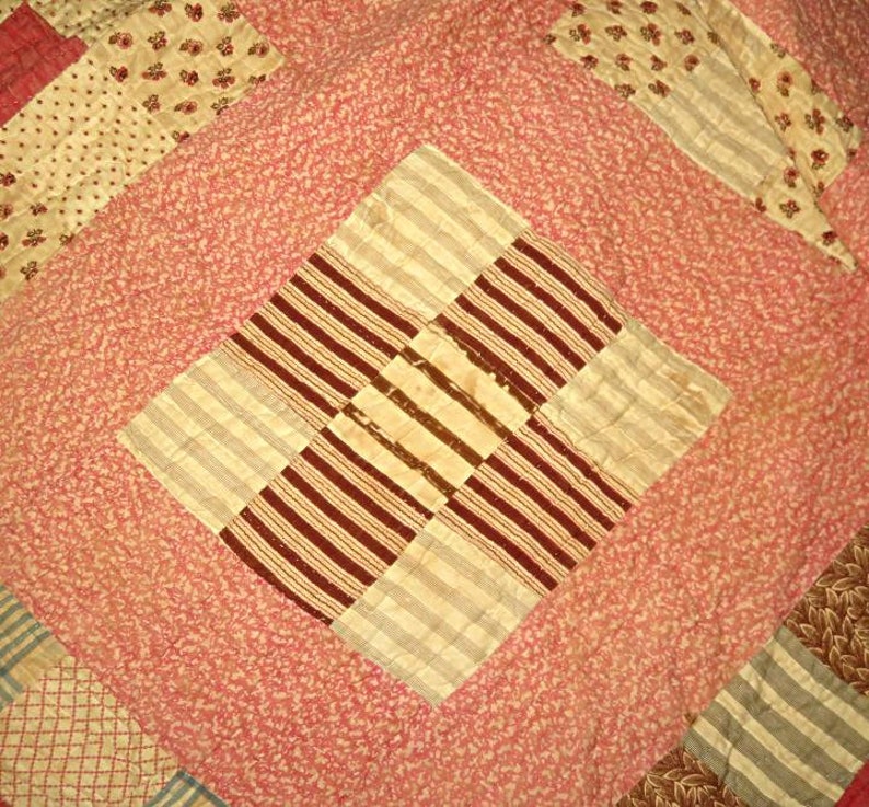 ANTIQUE PIECED QUILT 79x67,beige,peach,pink,brown,tan,coffee,vg condition,cotton,handsewn,9-square pattern,,polka dots,tiny flowers,stripes