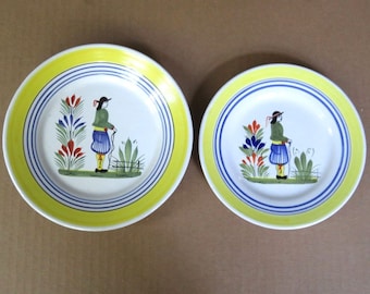 2 HB QUIMPER Breton Man PLATES,France,faience,hand painted salad and bread plates,vg,7 1/4" and 6 1/2",yellow border,plants,flower,Henriot
