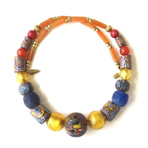 6 AFRICAN TRADE BEADS, antique millefiori, 17 1/2&quot; necklace,Indonesia Jatim,Venetian Murano foil glass,Ghana Krobo,gold,navy,rust,coral,gray