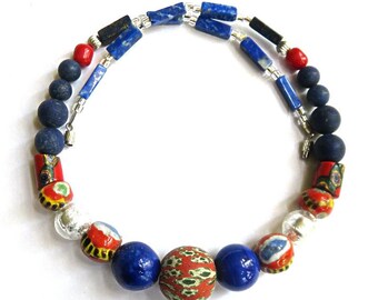 AFRICAN TRADE beads,VENETIAN Murano glass,Indonesia Jatim,Mauritania Kiffa,17 3/8" necklace,antique millefiori,red,navy,silver,blue,black