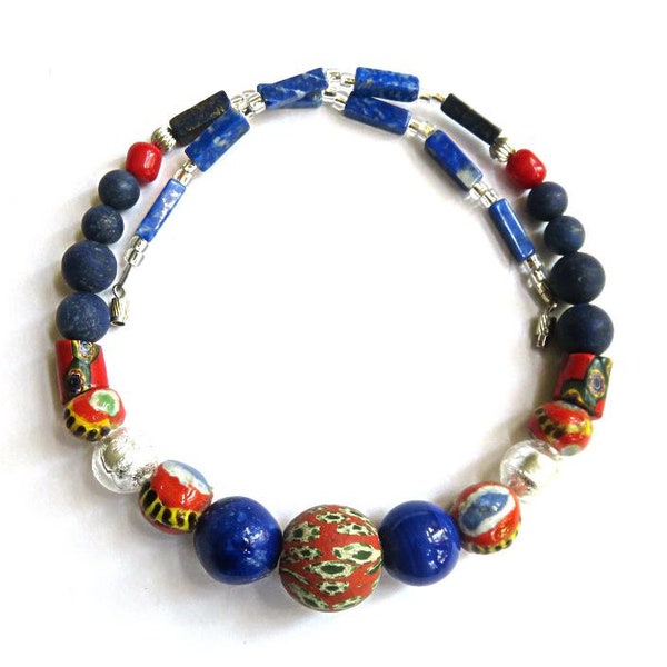 AFRICAN TRADE beads,VENETIAN Murano glass,Indonesia Jatim,Mauritania Kiffa,17 3/8" necklace,antique millefiori,red,navy,silver,blue,black