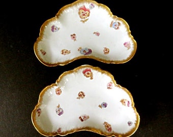 2 ANTIQUE LIMOGES Charles FIELD Haviland French porcelain half moon shape dishes,flowers,gilt edge,pansies,Gerard Dufraisseix Morel,set of 2