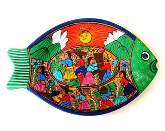 MEXICO FOLK ART Amate pottery, hand painted fish sculpture,wall display,10 1/2"long ,sun,clouds,sky,mountains,flowers,cactus,people,working