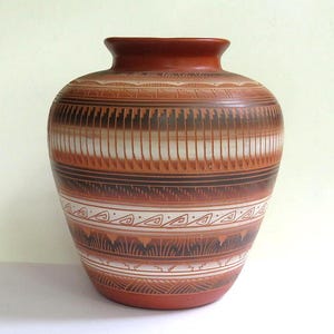 May include: A terracotta-colored ceramic vase featuring a wide, rounded body and a short, flared neck. The exterior is decorated with horizontal bands of intricate geometric patterns in shades of dark brown, cream, and white, including zigzags.