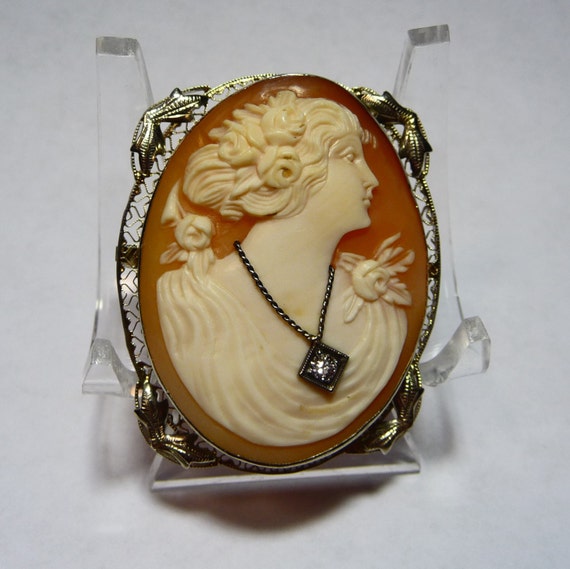 Victorian 14K High Relief Diamond Necklace Cameo … - image 2