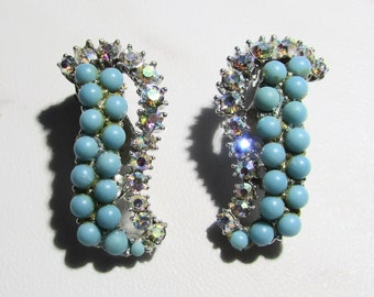 Vintage 50s Kramer AB Rhinestone & Turquoise Colored Bead Clip On Earrings on Etsy by APURPLEPALM