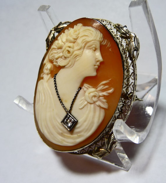 Victorian 14K High Relief Diamond Necklace Cameo … - image 3