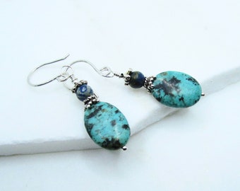 Sterling Silver Turquoise Chrysocolla 2 1/4" Hand Made Dangle Earrings on Etsy by APURPLEPALM
