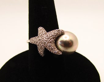 Large Sterling Silver Star Fish and Mallorcan Pearl Size 9 Ring on Etsy by APURPLEPALM