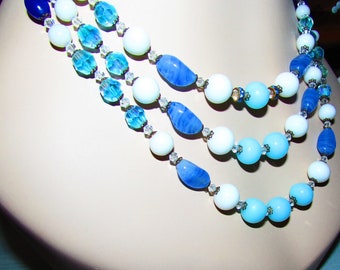 Bahama Blues Vintage Mid Century 3 Strand Necklace