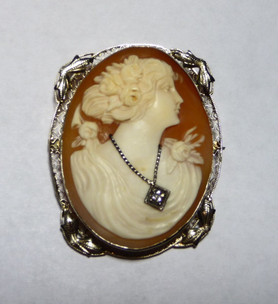 Victorian 14K High Relief Diamond Necklace Cameo … - image 1