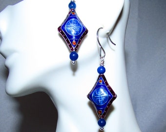 Sterling Silver Asian Cloisonne Blue Enameled Earrings on Etsy by APURPLEPALM