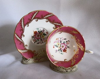 Paragon Teacup & Saucer Fine Bone China by Appointment to the Queen Pink, Gold and Florals on Etsy by APURPLEPALM