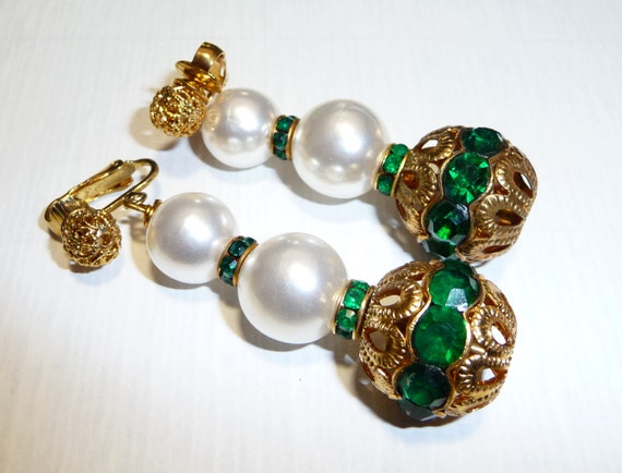 1980s Vintage Disco Kelly Green Rhinestone Clip Dangle Earrings on Etsy