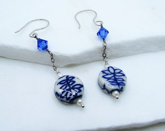 Study in Blue Hand Painted Lotus Flower Ceramic & Sterling Silver Earrings on Etsy by APURPLEPALM