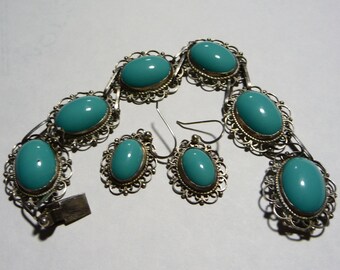 Vintage Sterling Silver and Glass Turqouise Bracelet and Earrings Set from Mexico on Etsy