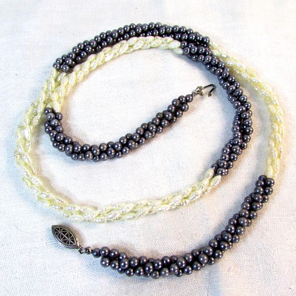 Vintage Gray & White Pearl Twisted Triple Strand Necklace with Sterling Silver Clasp