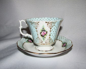 Royal Albert Fine Bone China England Pierrette Series Turquoise and Roses Teacup and Saucer on Etsy by APURPLEPALM