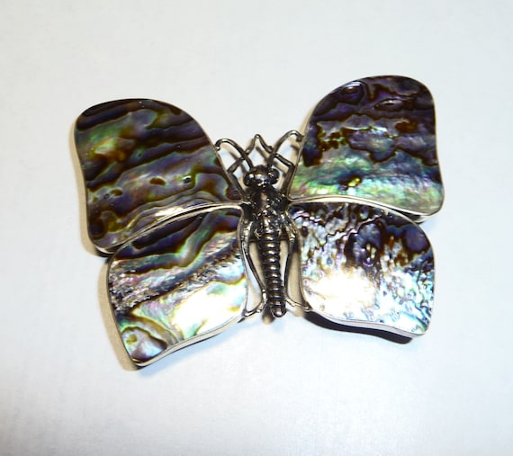 Huge Abalone and Sterling Silver Butterfly Pin Bro