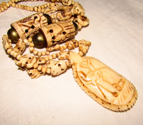 Large Chunky Lucky Elephant Carved Bovine Bone Necklace on by