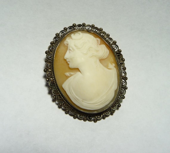 Antique Sterling Silver Carved Shell Cameo Brooch… - image 1