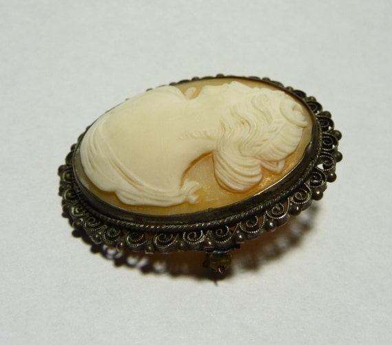 Antique Sterling Silver Carved Shell Cameo Brooch… - image 3