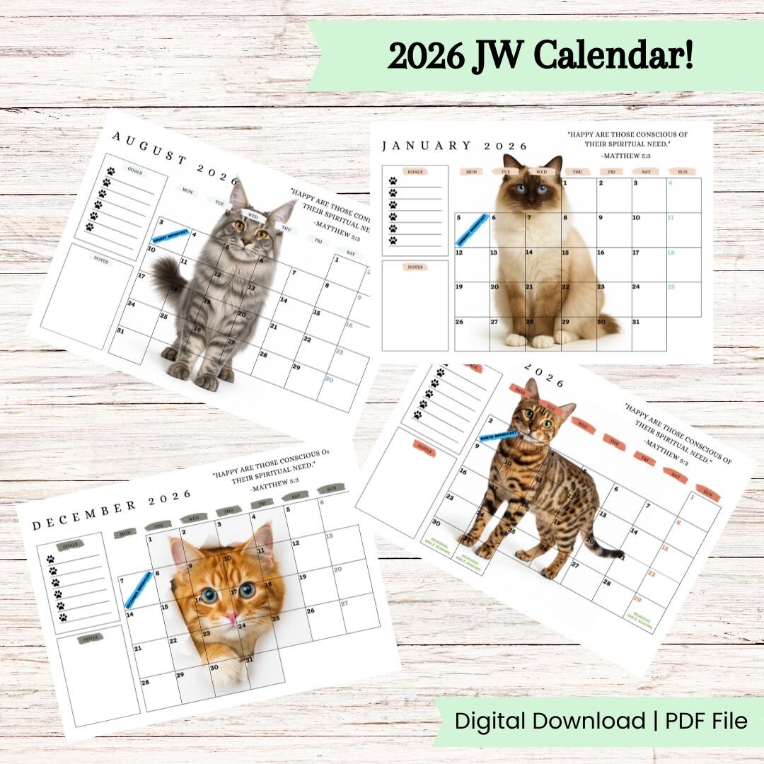 JW 2026 Calendar | Includes Matthew 5:3 Year Text | Cat Themed ...