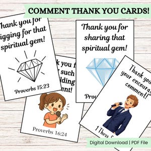 Pode incluir: Um conjunto de cartões brancos com o texto "COMMENT THANK YOU CARDS!". Cada cartão apresenta um design diferente, incluindo um diamante, um personagem de desenho animado com um microfone e o texto "Thank you for..." e versículos bíblicos.