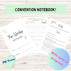 Könnte beinhalten: Ein Notizbuch für den Kongress mit dem Text "CONVENTION NOTEBOOK!" oben. Die Notizbuchseiten enthalten den Text "Pure Worship 2025 Convention", "Friday" und "JW Teens". Das Notizbuch hat ein eingebautes Programm.