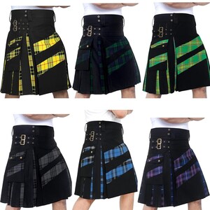 Puede incluir: Seis diseños de kilt diferentes con patrones de cuadros negros, amarillos, verdes, azules y morados. Cada kilt tiene una base negra con un panel de cuadros contrastante y un cinturón negro con hebillas plateadas.