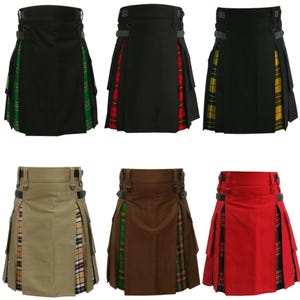 Men&#39;s Scottish Handmade Black Cotton Modern Hybrid Kilt with Tartan Plate Custom Made Utility Kilt for Men Cargo Pockets Modern Kilt