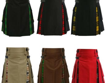 Men's Scottish Handmade Black Cotton Modern Hybrid Kilt with Tartan Plate Custom Made Utility Kilt for Men Cargo Pockets Modern Kilt