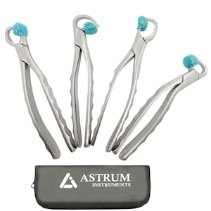 Dental Tooth Extraction Forceps Dental Surgery Standard Series Set of 4 with Leather Protecting Pouch Dentist Extracting Tools