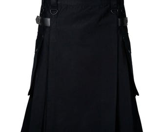 May include: A black utility kilt with multiple pockets and adjustable straps.