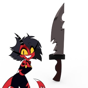 Può includere: Un personaggio dei cartoni animati con la pelle rossa, i capelli neri e le corna sta sorridendo. Indossa un vestito nero con un cuore rosso sul petto. È in piedi accanto a un grande coltello nero seghettato.
