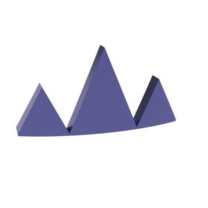 Op de afbeelding: Een paarse bergketen silhouet met drie pieken, een gestileerd ontwerp voor een logo of een grafiek.