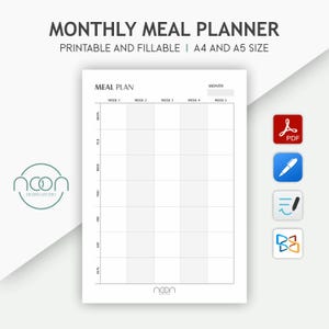 Monthly Meal Planner Printable, Menu Planner, Food Planner, Diet, Health & Fitness, A4/A5 Size, Instant Download PDF