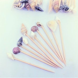 May include: A set of wooden skewers with various seashells attached. The shells are in shades of brown, white, and pink. The skewers are perfect for adding a touch of beachy charm to your next party or event.